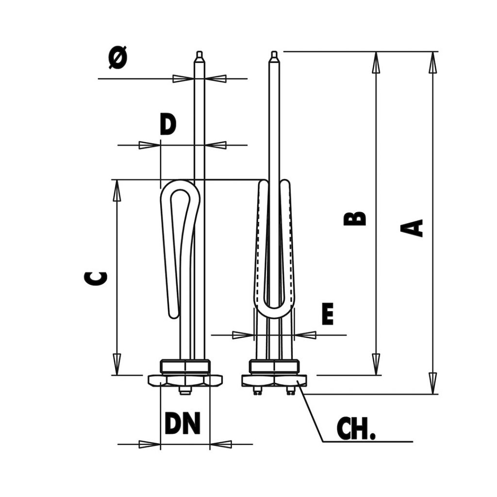 Curved heating element with hexagonal cap 1″1/4 - Unival