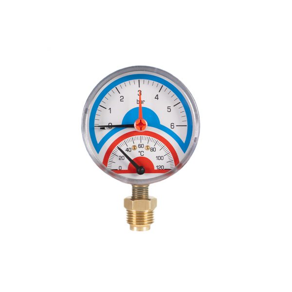 Temperature and pressure gauce Ø 80, black abs body, radial connection 1/4" with no-return valve 1/4" Fx1/2"M