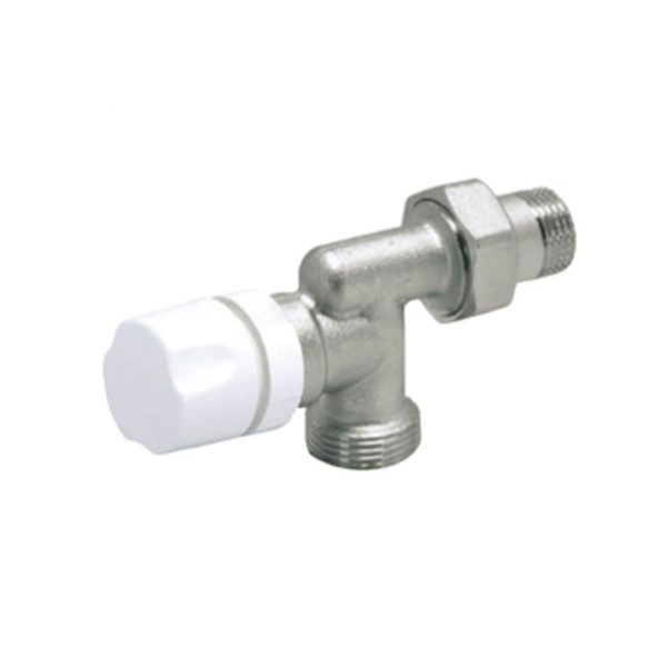 Inversed angle radiator thermostatic valve with protection cap. Euroconus connections for copper, plastic and multilayer pipe